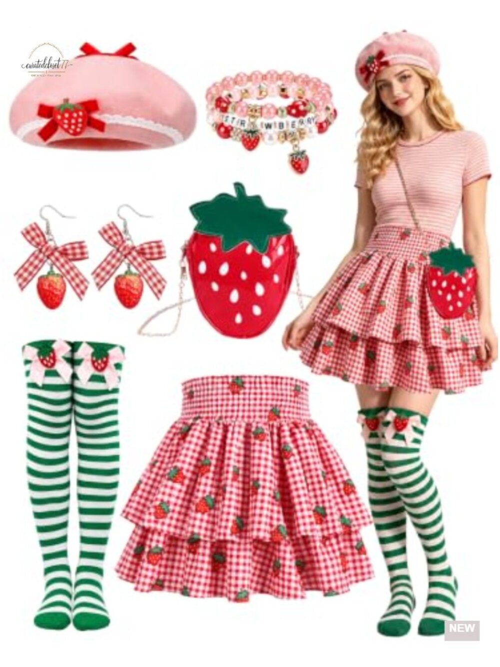 Women's Strawberry Halloween Costume Accessories Set - 8 Piece Felt Hat Plaid